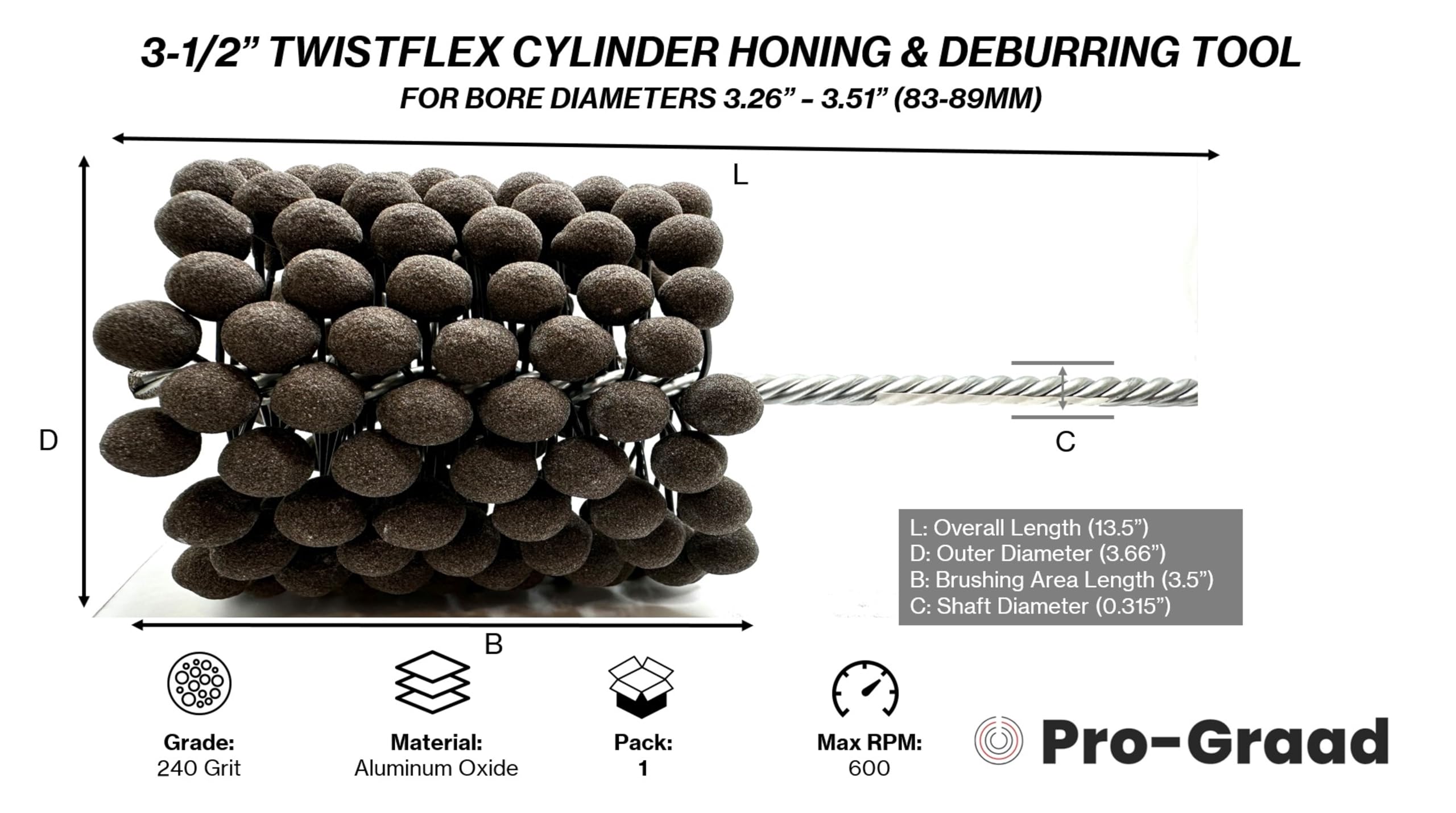 3-1/2" 240 Aluminum Oxide TwistFlex Cylinder Hone for 3.26"- 3.51" Bores