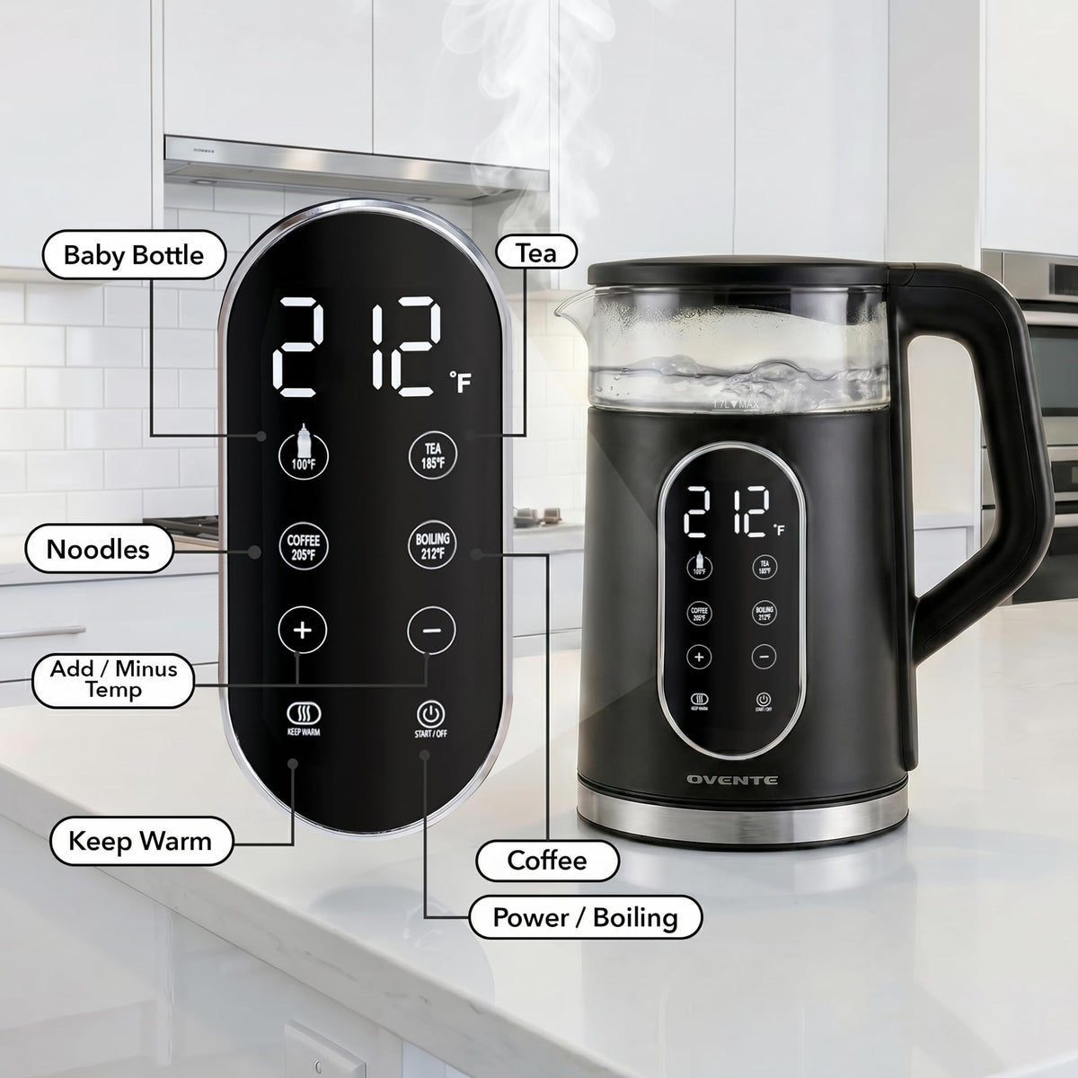 OVENTE 1.7L Electric Kettle with Digital Touchscreen, 1500W, Black KD96B
