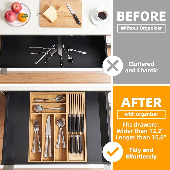 TIOPGHAD Small Bamboo Silverware Organizer Kitchen Utensil Tray, Natural