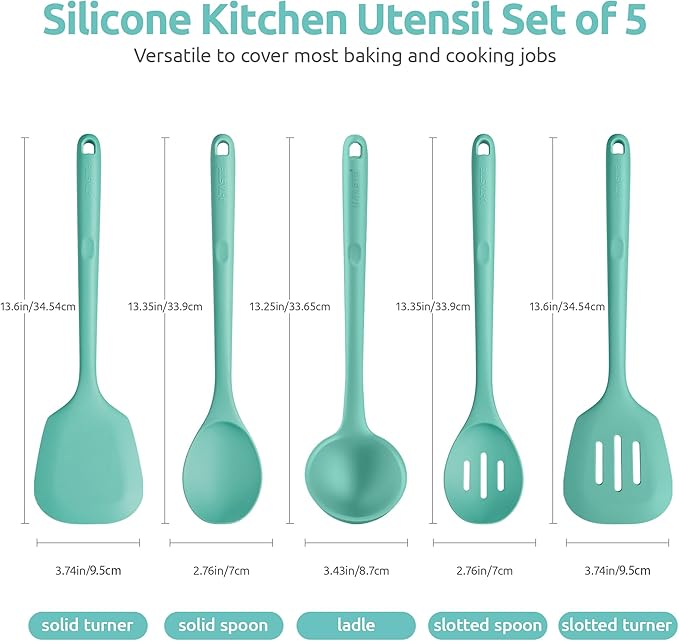 U-Taste Silicone Kitchen Cooking Utensil Set of 5, 13.6" Long, Aqua Sky