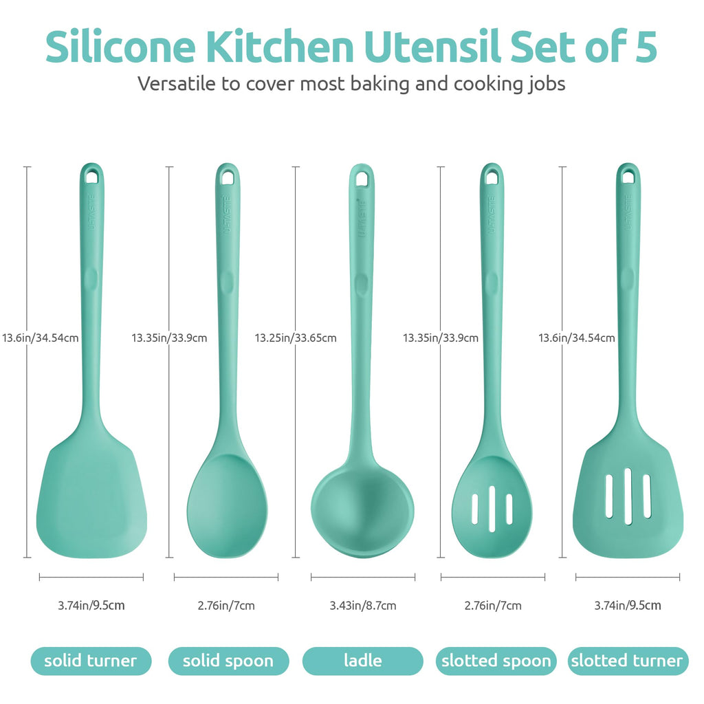 U-Taste Silicone Kitchen Cooking Utensil Set of 5, 13.6" Long, Aqua Sky