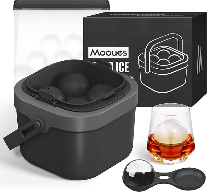 Mooues Clear Ice Ball Maker, 2 Inch Silicone Mold for Whiskey, 4 Spheres