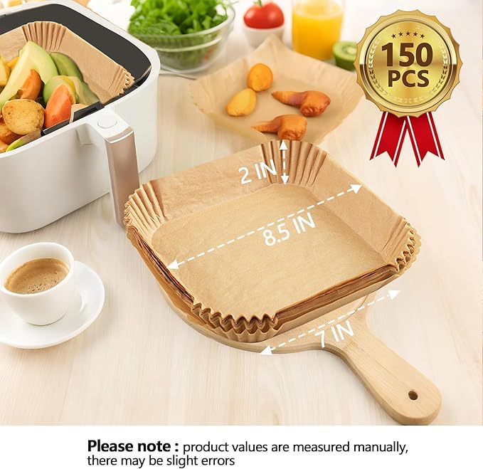 8.5 Inch Air Fryer Liners Disposable, 150PCS Non-Stick Air Fryer Liners, Oil-Proof & High-Temperature Resistant Square Baking Paper for Air Fryer, Microwave, Oven（Bottom Is 7 Inch）