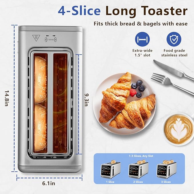 SAKAMOSH 4 Slice Long Slot Touch Screen Toaster, Stainless Steel