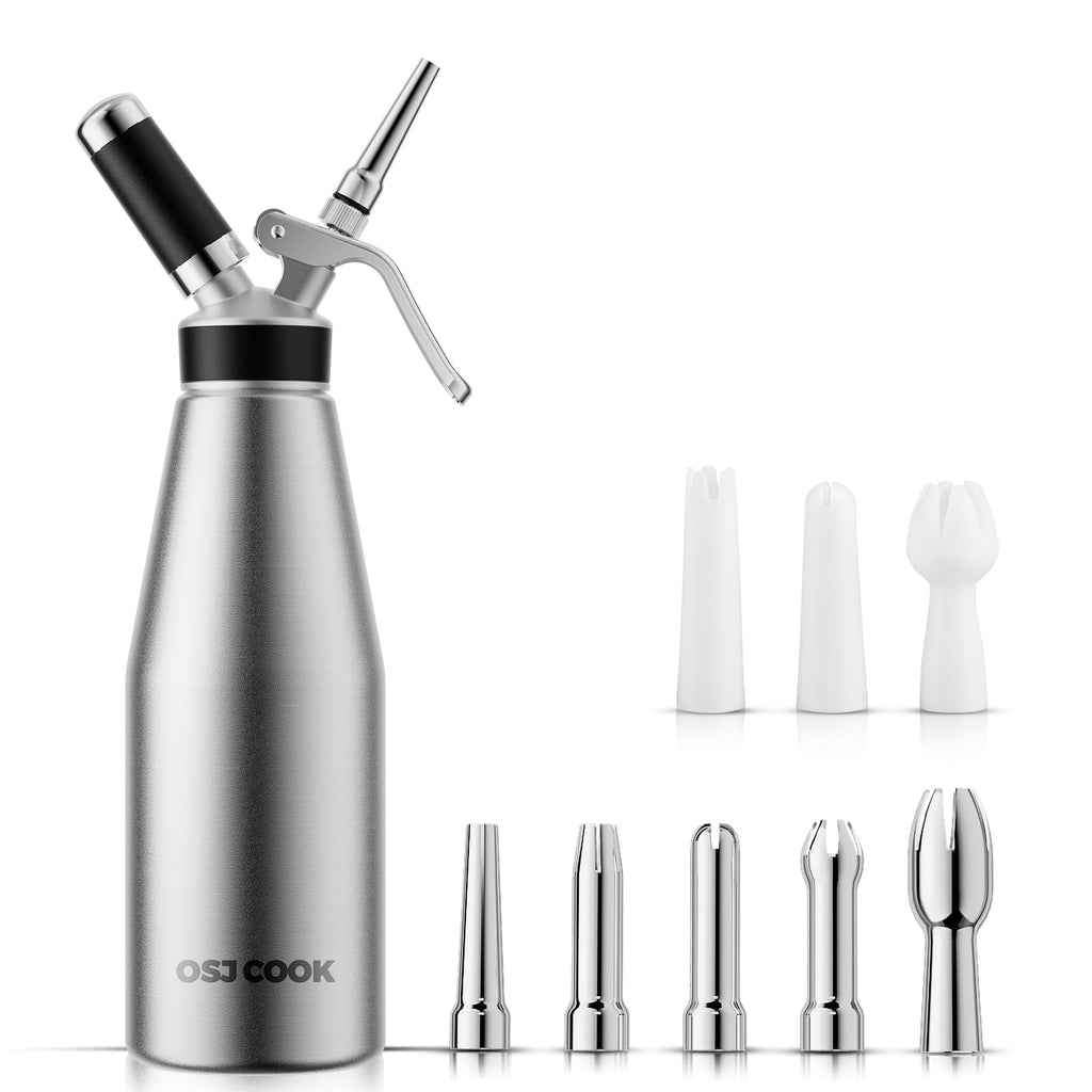 OSJCOOK Whipped Cream Dispenser Stainless Steel Cream Whipper Mirror Finish,500 mL/1 Pint Professional Cream Maker,5 Various Stainless Decorating Nozzles,1 Cleaning Brush,N2O Chargers NOT included