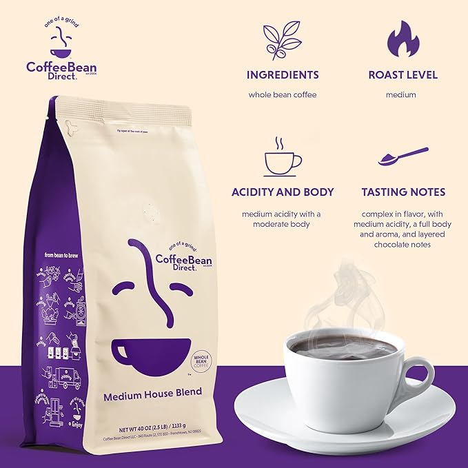 Coffee Bean Direct Medium House Blend, Whole Bean, 2.5lb Bag
