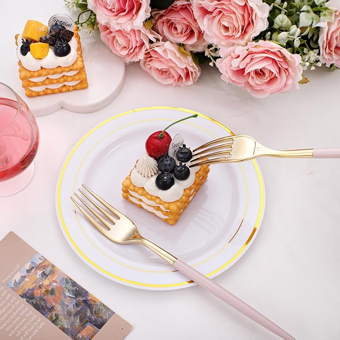 I00000 60 Pcs Pink Plastic Silverware, Fancy Gold Utensils with Pink Handle