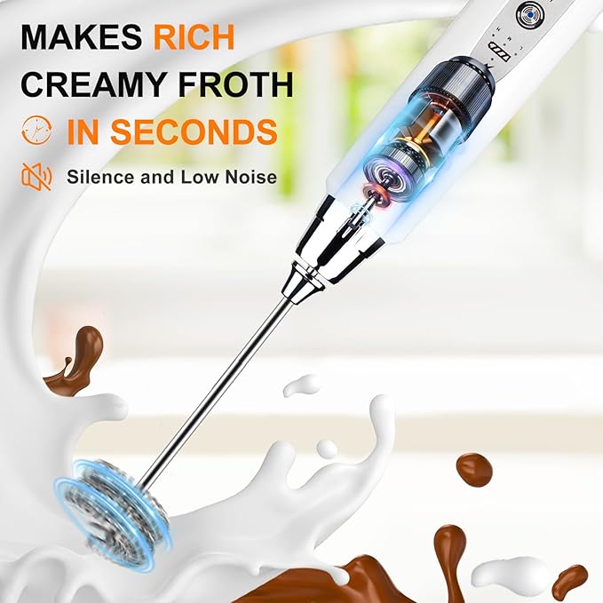 YUSWKO Handheld Milk Frother Wand for Coffee, Rechargeable Electric Whisk with 3 Heads 3 Speeds Drink Mixer Coffee Frother For Latte, Cappuccino, Hot Chocolate, Egg, White with Holder