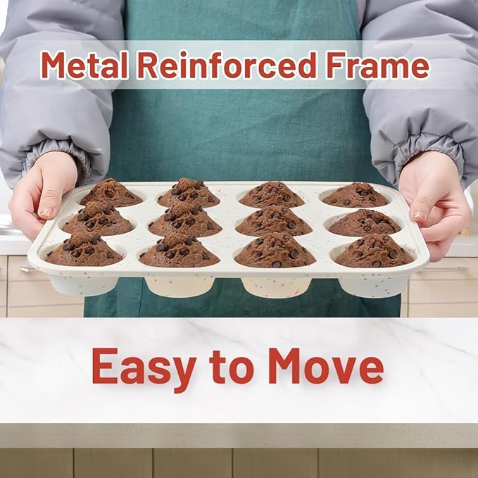 Silicone Muffin Pan, Metal Reinforced Frame Cupcake Pan 12 Cups Regular Size Easy to Move in or Out of Oven Non-Stick (2)