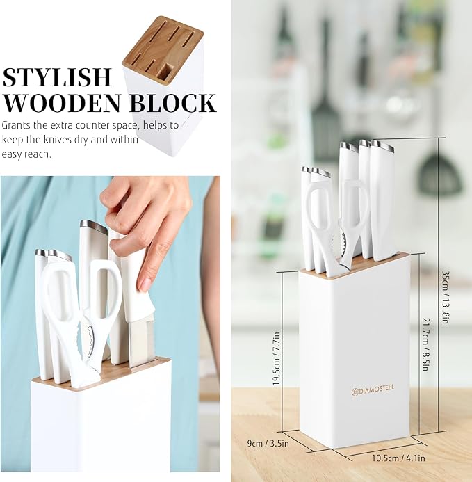 Diamosteel White Knife Set with Wooden Block, 7-Piece Knife Block Set