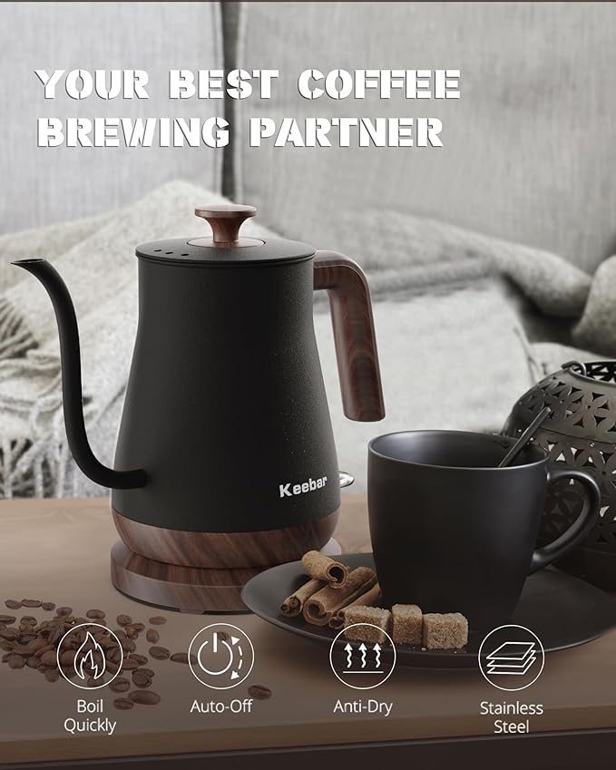 Keebar Gooseneck Electric Kettle - Stainless Steel Pour Over with Auto Shut Off, 0.8L Capacity, 1000W Quick Heating, Design with Elegant Handle, Matte Black with Walnut, Manual, (XH-W081-BW)