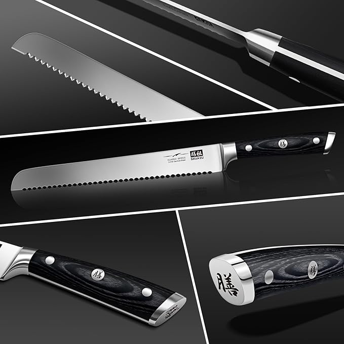 SHAN ZU 10-Inch Serrated Bread & Sourdough Knife with Wood Handle