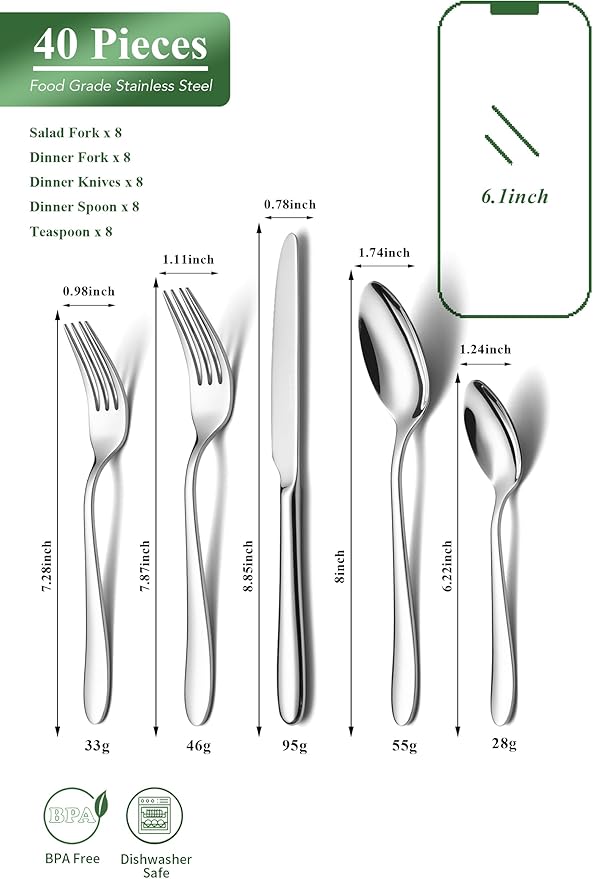 EIUBUIE 40 Piece Silverware Set for 8, Stainless Steel Flatware Set, Cutlery Sets with Mirror Finish, Dishwasher Safe, Modern Kitchen Forks, Spoons, Knives, Eating Utensil Sets