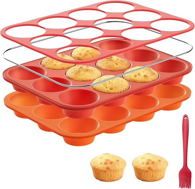 Bongpuda Silicone Muffin Pan with Metal Reinforced Frame,2 Pcs 2.9" Regular Size 12 Cups Egg Bite Mold,Non-Stick,Easy Release,For Egg Muffins, Cupcakes, Large Muffins,Cheesecakes(Orange + Red)