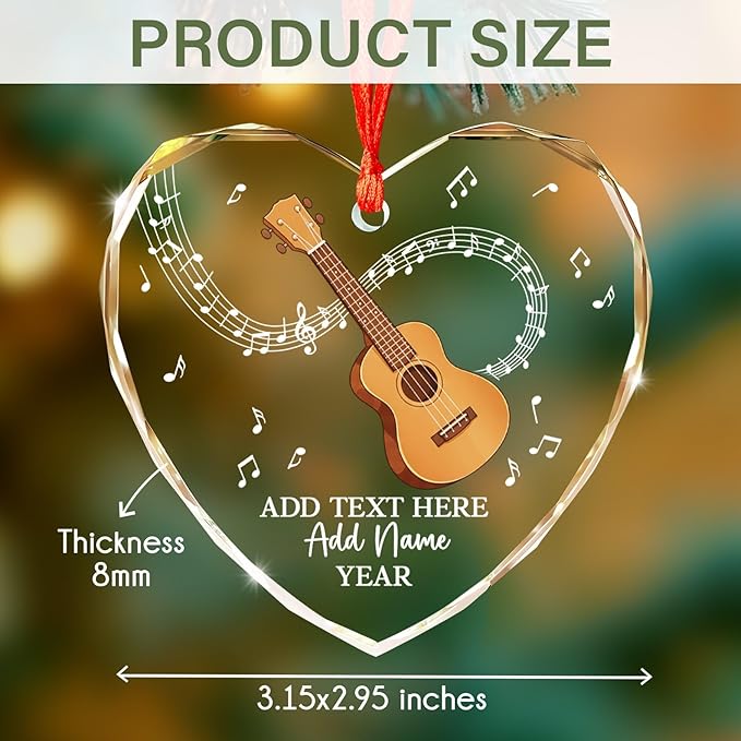 Personalized Ukulele Glass Ornament with Text Name Year, Ukulele Instrument Christmas Tree Ornament, Customized Musical Instrument Christmas Ornaments 2026, Gift for Men Women Music Lover