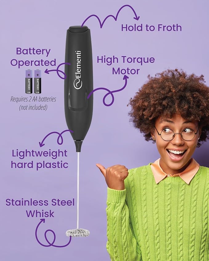 Elementi Frother Wand – Powerful Milk Frother & Coffee Stirrers Electric, Matcha Whisk for Dreamy Lattes, Powerful Coffee Mixer Wand & Blender Stirrer - Make Creamy Cappuccinos at Home (Black)