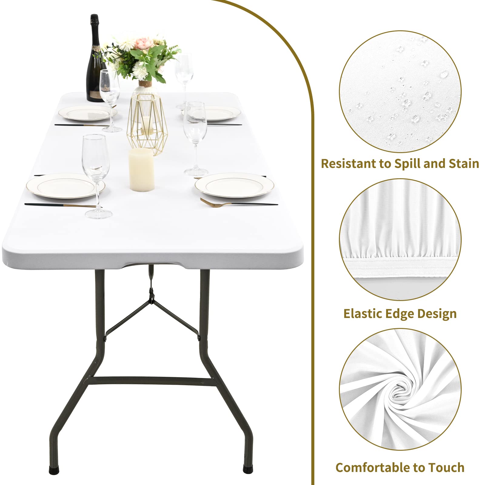 6 Pack Stretch Fabric Table Top Cap Cover, fits 6' Tables, Spandex Table Covers Washable Elastic Universal Rectangle Tablecloth Protector for Indoor Outdoor Party Picnic Wedding, White, 30" W x 72" L