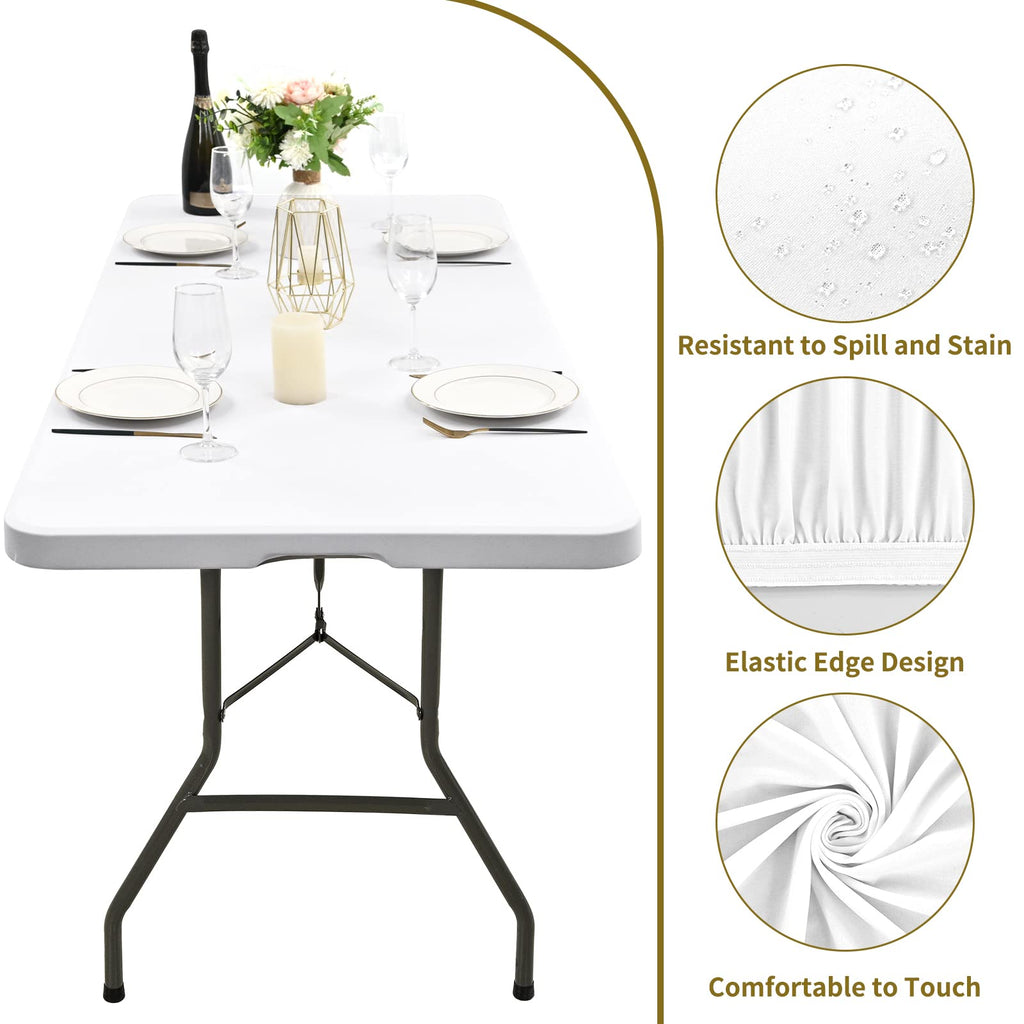 6 Pack Stretch Fabric Table Top Cap Cover, fits 8' Tables, Spandex Table Covers Washable Elastic Universal Rectangle Tablecloth Protector for Indoor Outdoor Party Picnic Wedding, White, 30" W x 96" L