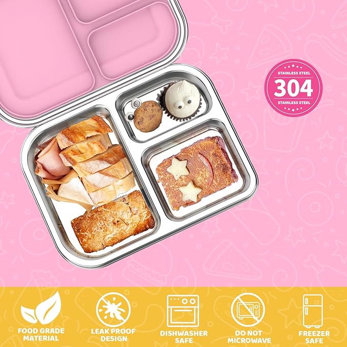 TOURPOR Stainless Steel Bento Box for Kids 1000ml - 3 Compartment Lunch Box for Adults, Leakproof Food Container, BPA-Free Metal Lunch Box with Silicone Seal, Eco-Friendly/Dishwasher Safe (Pink)