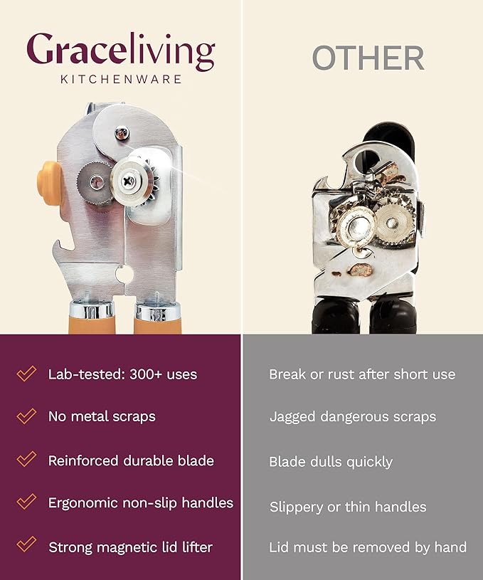 Graceliving Heavy Duty Manual Can Opener with Magnetic Lid Lifter, Orange