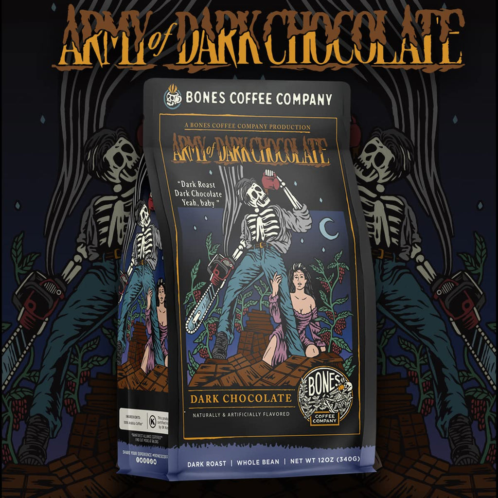 Bones Coffee Company Army of the Dark Chocolate Flavored Coffee, Medium Roast Low Acid Arabica Beans Compatible with Auto drip and French Press Coffee Maker, 12 Oz Ground