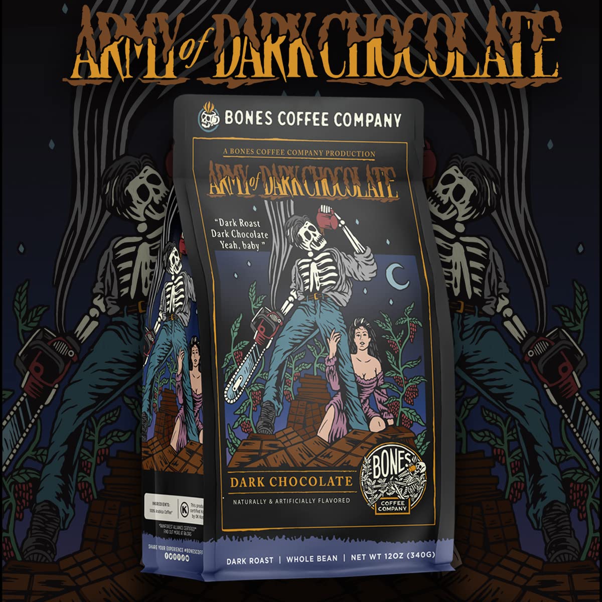 Bones Coffee Company Army of the Dark Chocolate Flavored Coffee, Medium Roast Low Acid Arabica Beans Compatible with Auto drip and French Press Coffee Maker, 12 Oz Ground