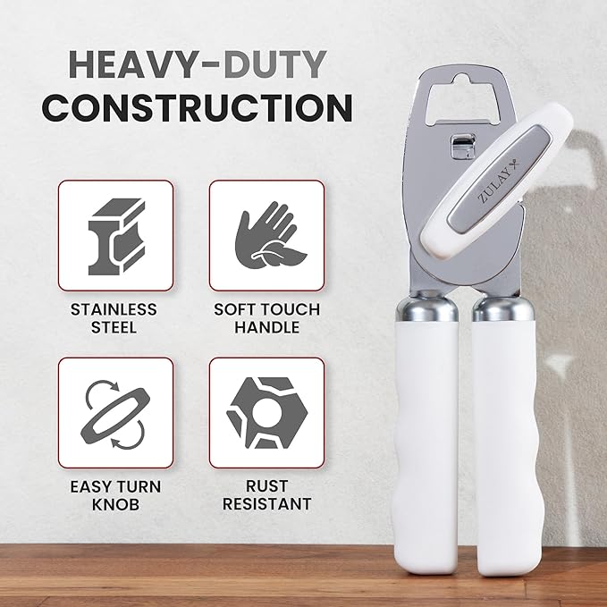 Zulay Kitchen Heavy Duty Stainless Steel Can Opener Manual with Bottle Opener - Rust Proof Manual Can Opener With Turn Knob & Comfy Soft Grip Handles - White