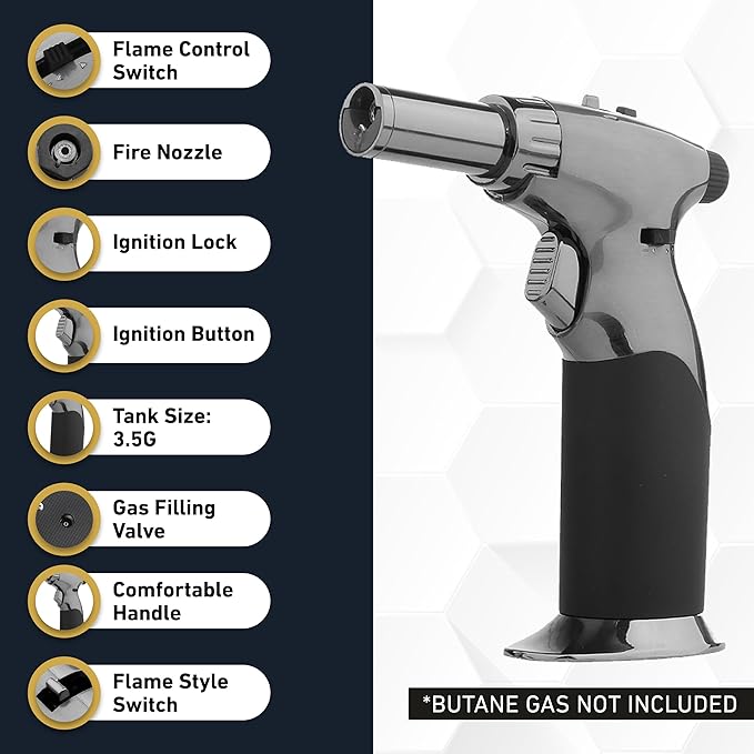 Dual Flame Butane Torch Gun - Refillable Luxury Hand Held Mini Blow Torch for Cooking, Creme Brulee, Soldering, Welding, & Resin Art - Adjustable Flame with Ignition Lock - Steel Black by inZaynity®