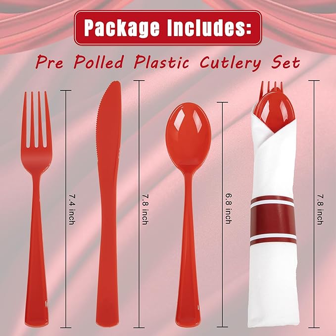 Liacere 400PCS Pre Rolled Red Silverware and Napkin - Disposable Red Plastic Utensils-Wrapped Plastic Cutlery Set with Napkin:100Forks,100Knives,100Spoons,100Napkins for Party & Independence Day