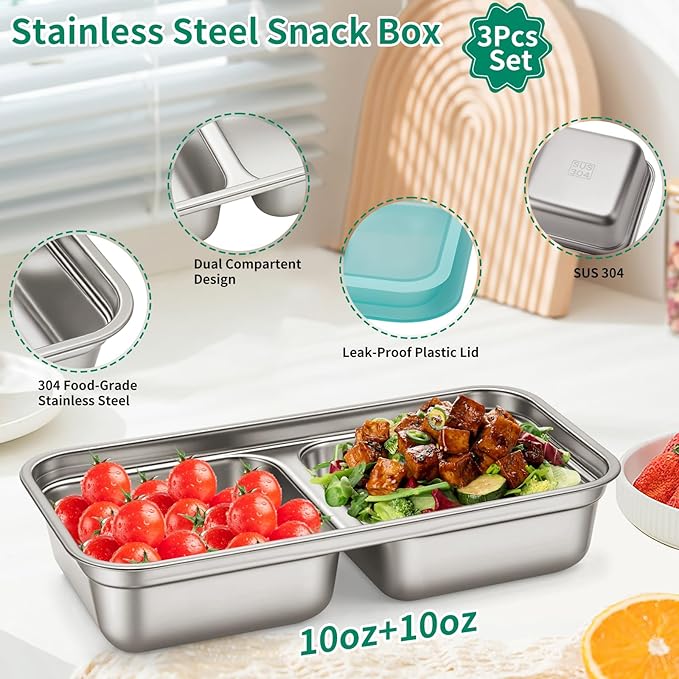 MJDYTYT 3 Pack Leakproof Stainless Steel Snack Containers with Secure Sealed Lids, Reusable 2 Compartment Bento Boxes for Lunch Prep, Travel, School & Office Stainless Steel Lunch Box