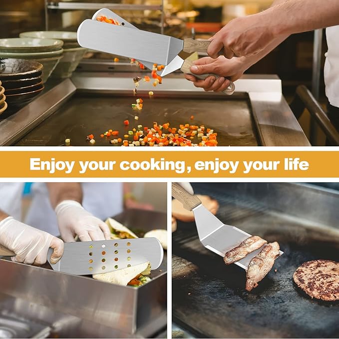 Metal Spatula Set of 5, HaSteeL Heavy Duty Griddle Accessories Kit, Durable Stainless Steel Burger Turner Flipper Scraper Tools for Flat Top Grill Teppanyaki Cast Iron, Indoor & Outdoor, Easy to Clean