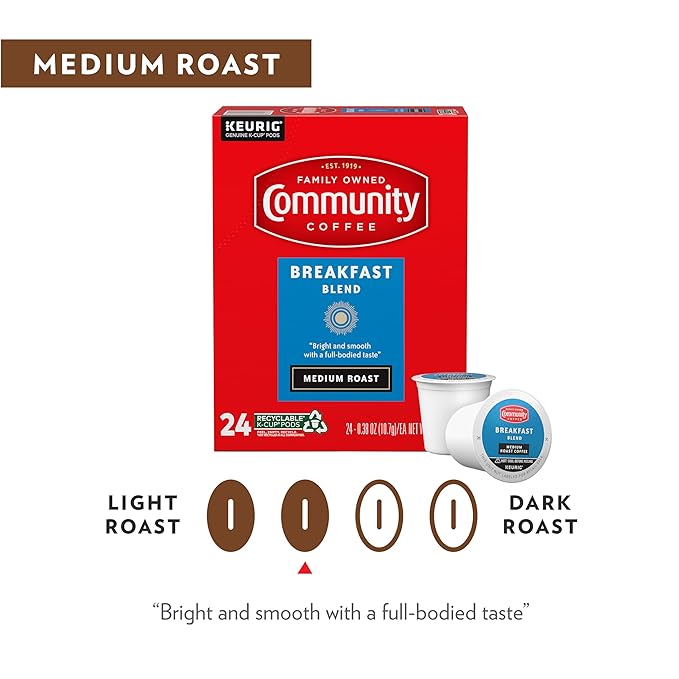Community Coffee Breakfast Blend 24 Count Coffee Pods, Medium Roast, Compatible with Keurig 2.0 K-Cup Brewers, 24 Count (Pack of 1)