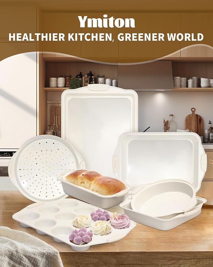 Ymiton Baking Pans Set with Silicone Handles, 34 PCS Nonstick Bakeware Sets, Oven Pan Set Includes Baking Tray, Cookie Sheet, Cake Pans, Loaf Pan, Muffin Pan, Pizza Pan