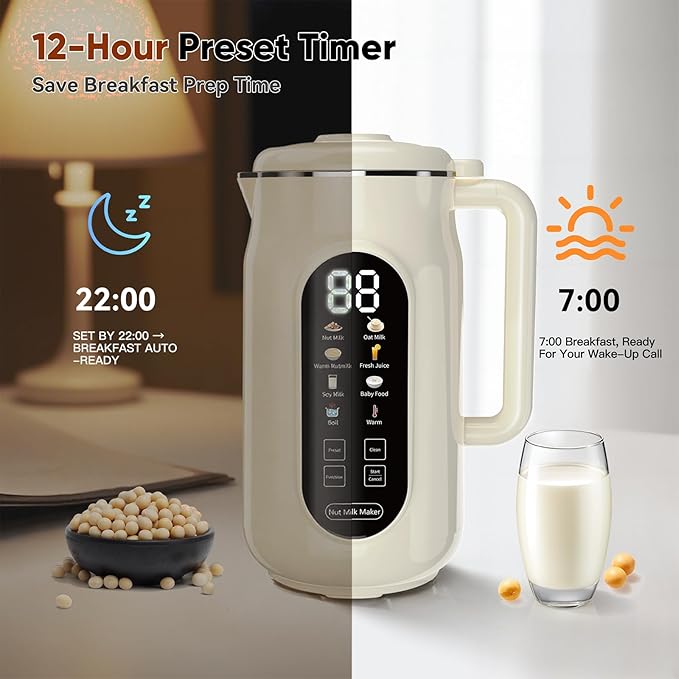 10-in-1 Nut Milk Maker Machine, 42oz Plant-Based Milk Blender with IMD Screen – Self-Cleaning, 12H Delay Start, Keep Warm, Automatic for Soy/Oat/Almond Milk, Juice, Smoothie, Soup, Boil Water & Cream