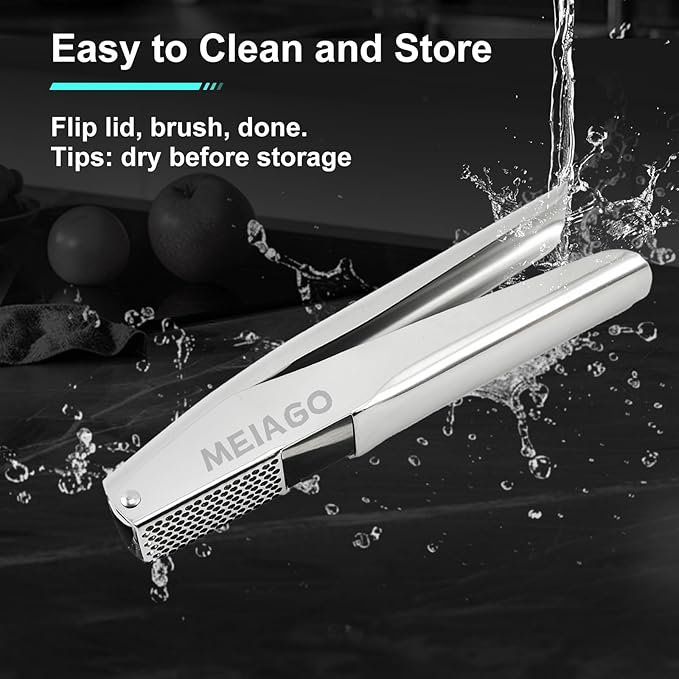 MEIAGO Garlic Press, Stainless Steel Garlic & Ginger Crusher, with Built-In Cleaner, Rust Resistant, No Peel, Large Capacity, Easy Clean，Dishwasher Safe，Silver