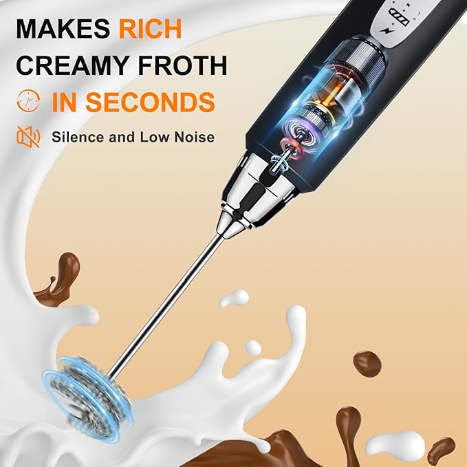 YUSWKO Handheld Milk Frother Wand for Coffee, Rechargeable Electric Whisk with 3 Heads 3 Speeds Drink Mixer Coffee Frother For Latte, Cappuccino, Hot Chocolate, Egg, Black with Holder