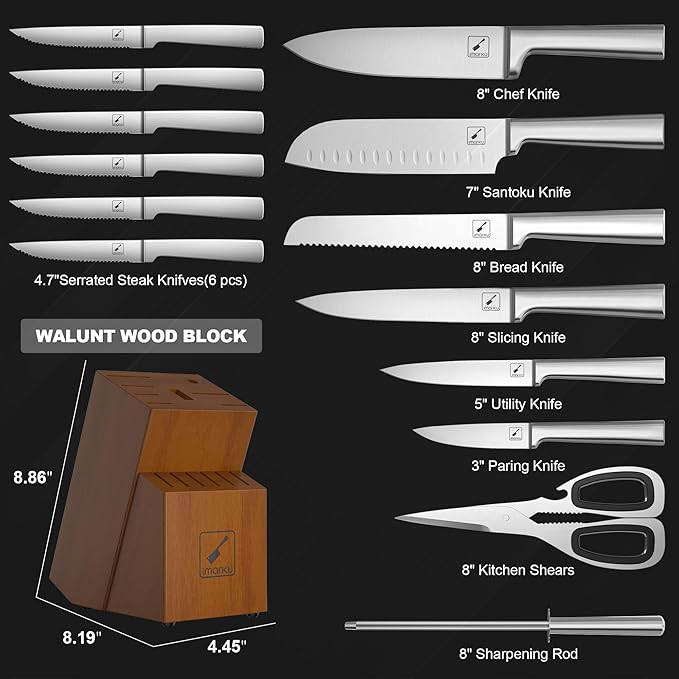 imarku Knife Set - Kitchen Knife Set 15 Pieces Japanese Stainless Steel Knife Block Set with Sharpener - Dishwasher Safe Kitchen's Knives - Ultra Sharp Chef Knife Set for Kitchen, Utility Knives