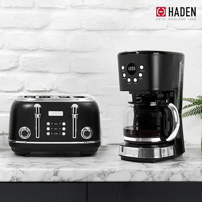 HADEN Heritage 4 Slice Wide Slot Stainless Steel Toaster Bundled with 12 Cup Programmable Drip Coffee Maker Coffee Machine, Black & Chrome