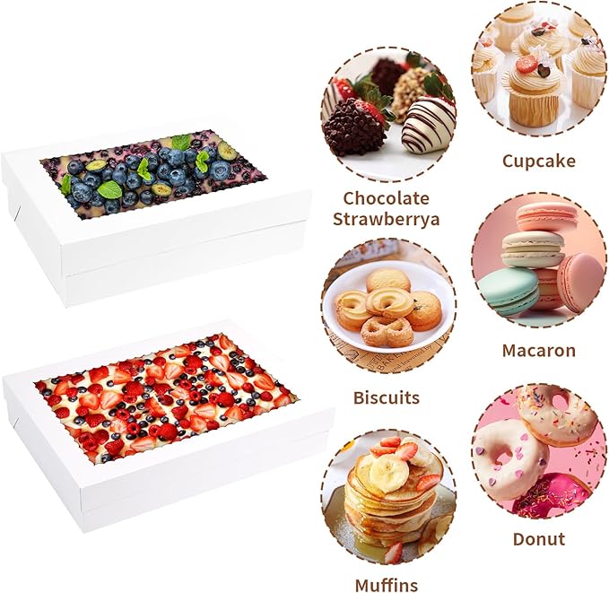 PFAMKEER 12pcs 19x14x4 inch Cake Boxes with Window，White Rectangle Sheet Large Bakery Boxes for Pastry Dessert Cake, Cupcakes Donuts Cookies Pie Treat Packaging