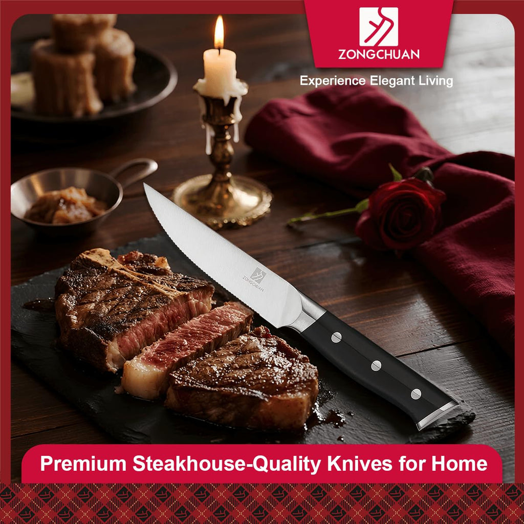 Steak Knives,4.5 Inch Steak Knives Set of 8, Micro-Cutting Point Serrated Edge, Very Sharp Steak Knife, Dishwasher Safe, 50CR15MOV Stainless Steel, Handle Ergonomic And Full Tang Design With Gift Box