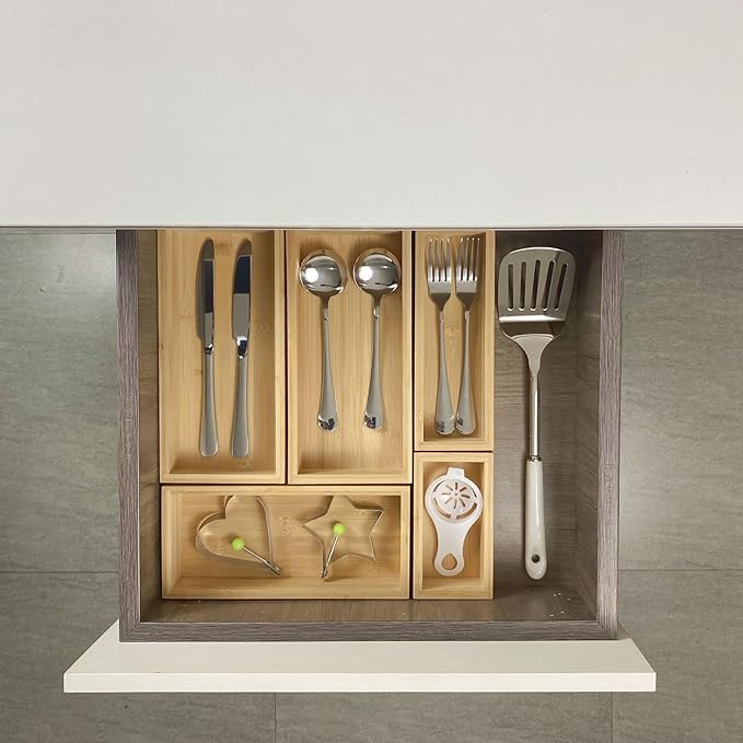 Teicui bamboo drawer organizer Set,expandable drawer dividers,wooden storage organizers,drawer organizers for kitchen, bathroom,flatware,Tea Bag Organizer (1 X 5PCS Natural)