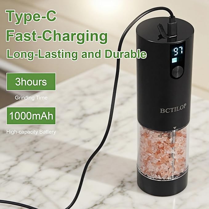 BCTILOP 2Pack Electric Salt and Pepper Grinder Set with Power Display, USB Rechargeable Automatic Salt & Pepper Mills, Adjustable Coarseness, 120ml Larger Capacity with LED Light (Black Set)