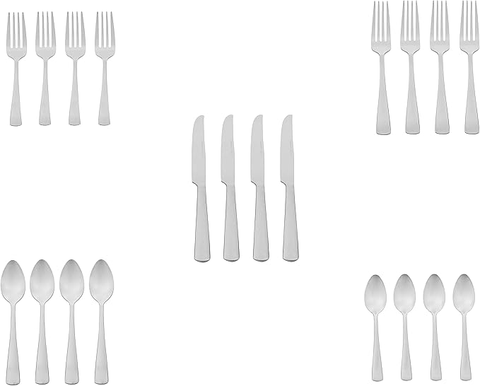 Amazon Basics 20-Piece Stainless Steel Flatware Set with Square Edge, Dishwasher Safe, Simple Design, Service for 4, Silver