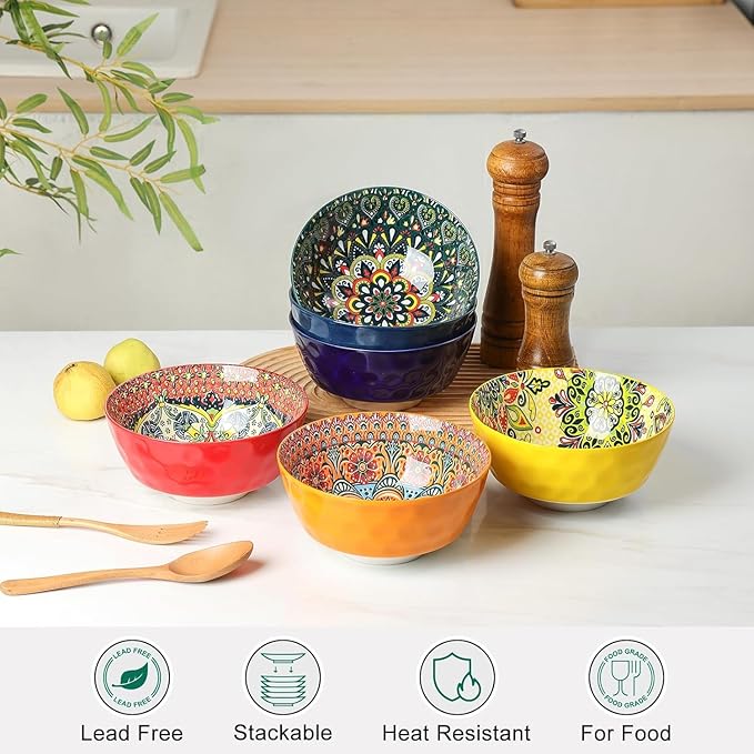 KitchenTour Cereal Bowls Set of 6, 26 oz Ceramic Soup Bowls for Kitchen, 6.3 Inch Colorful Serving Bowls for Oatmeal, Salad, Pasta, Dessert - Microwave & Dishwasher Safe