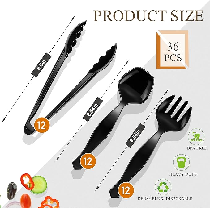 Mwellewm 36Pcs Plastic Serving Utensils Set, Disposable Spoons Tongs Forks