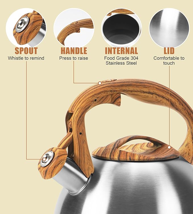Foedo 3.2Qt Stainless Steel Whistling Tea Kettle Stovetop, Silver