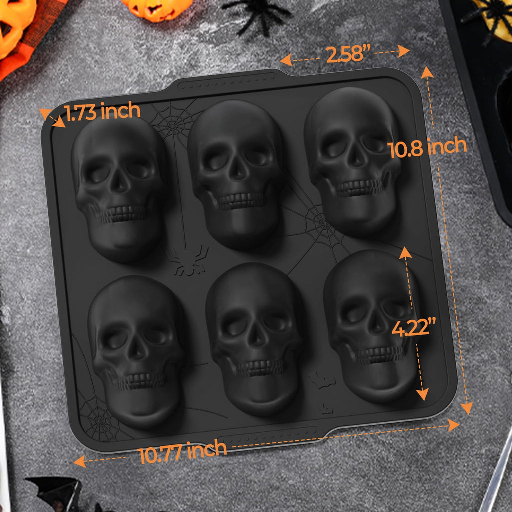 PinAmigos Silicone Skull Cake Pan with Metal Framed - 6 Cavity Skull Baking Pan & Silicone Mold for Halloween Parties & Baking Fun | Food-Safe Non-Stick Ice Cube Tray, Cupcake Maker