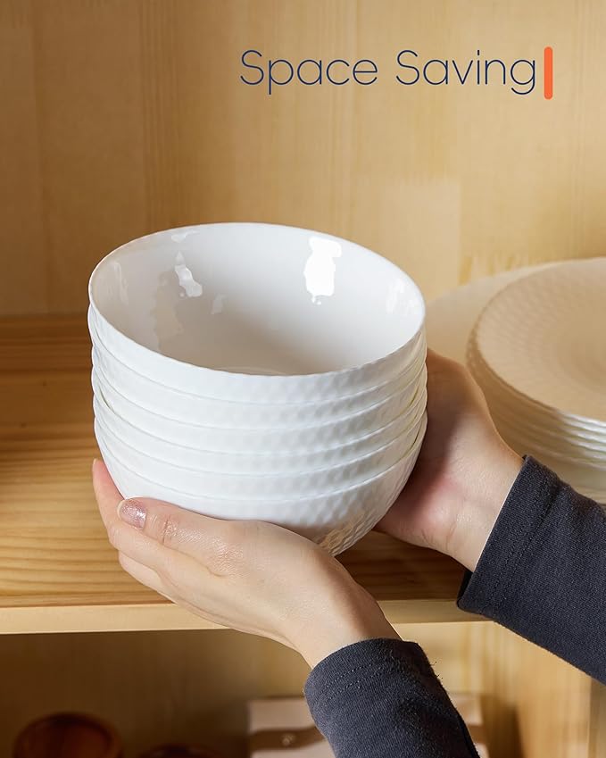 LaGlint 20 OZ Max White Opal Glass Cereal Bowl Set of 6, 6 Inch