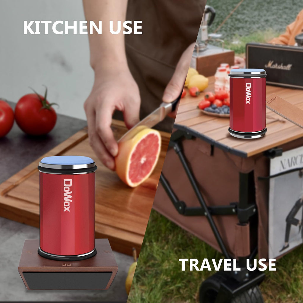 DOWOX Longer Rolling Knife Sharpener with Leather Strop, Upgraded Rolling Knife Sharpening with 4 Degree Angle and 4PCS Replaceable Honing Discs, Easy to Sharpen Ktichen Knives, Red, DW-RS2-Red