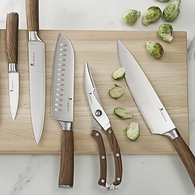 Kangdelun Ultra Sharp 15-Piece Knife Set, 50Cr15MoV High-Carbon Stainless Steel, Torrefied Brown Ash Wood Handles, Angled Dark Brown Wood Block, Easy Hand Wash, Gift Box